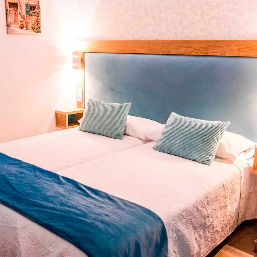 Habitación 101: dos camas individuales con cabecero azul y cojines a juego